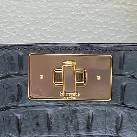 Kate Spade New York Orchard Valley Croc Kelsey Black Leather Tote Bag With Gold - Picture 9 of 16